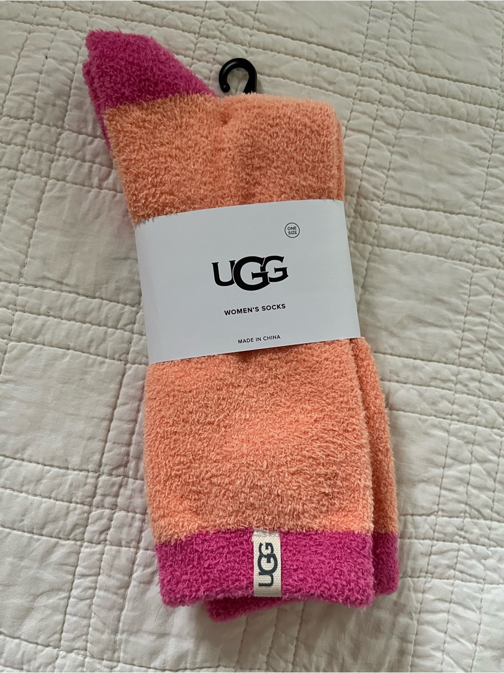 UGG Women's Fuzzy Cree Socks in Peach and Magenta with grips - Picture 4 of 7